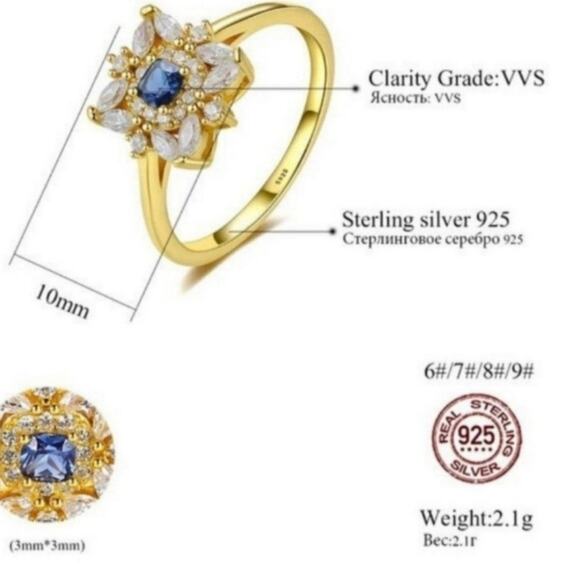 Elegant Gold Sapphire Flower Ring Cubic Zirconia Size 8 - Picture 5 of 9